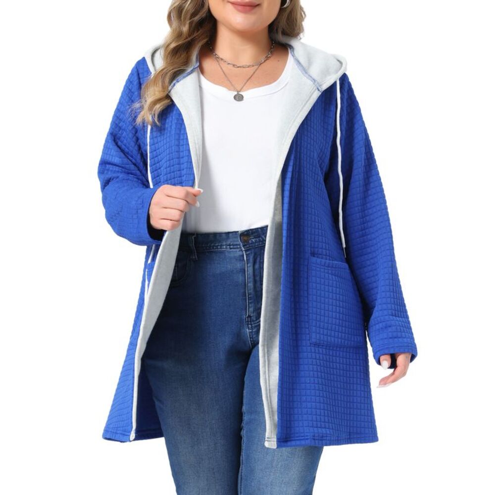 Women Plus Size Waffle Hooded Cardigan Long Jacket Blue